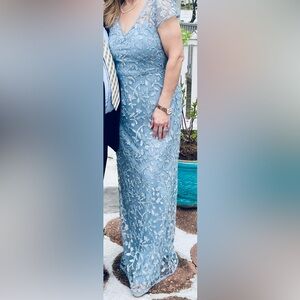 Adrianna Papell Blue Flutter Sleeve V-Neck Gown